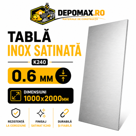 Tabla inox satinata K240 AISI 304/304L, 0.6 x 1000 x 2000 mm, 2 mp